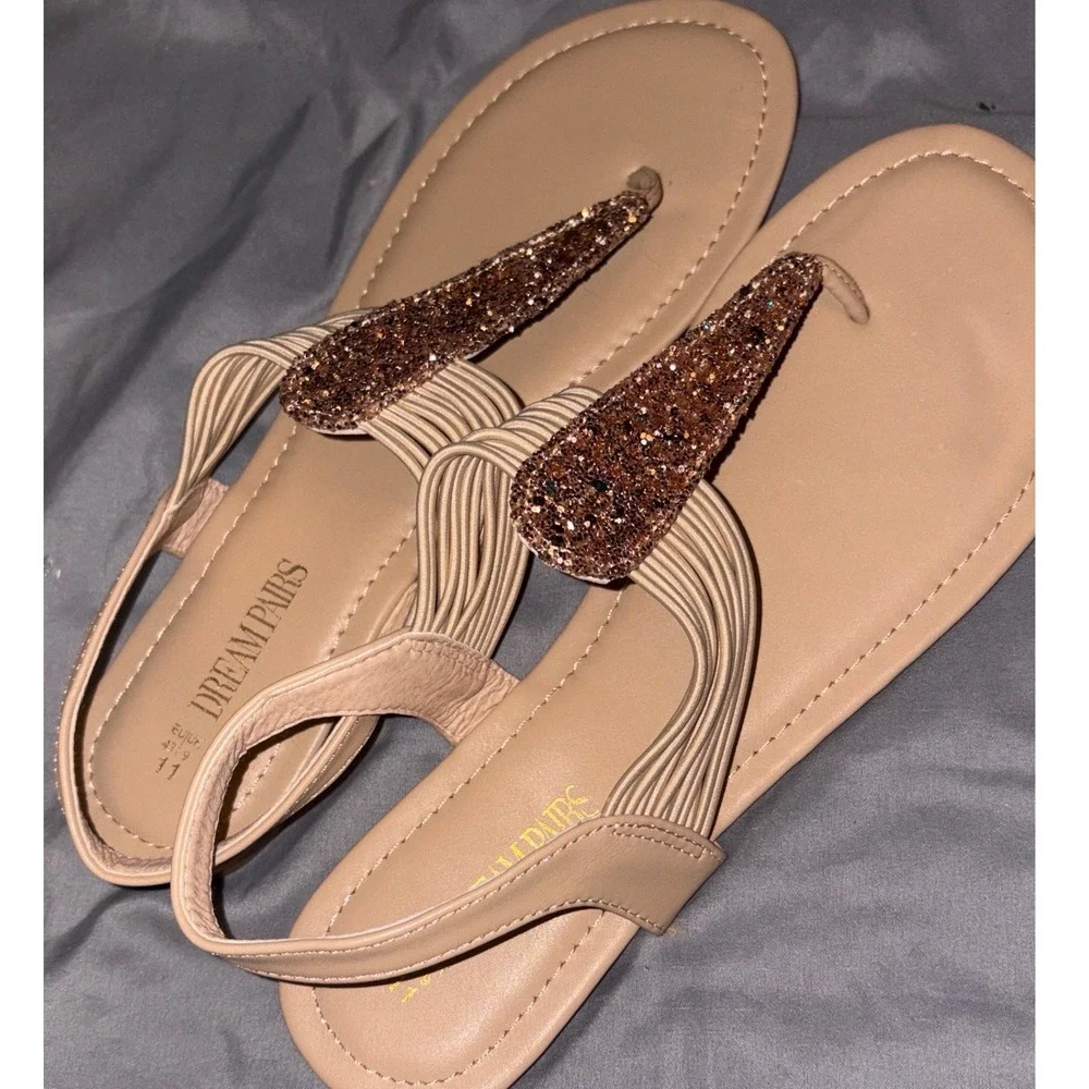 NEW Dream Pairs Beige Glitter‎ Elastic Strappy String Thong Gladiator Sandals 11